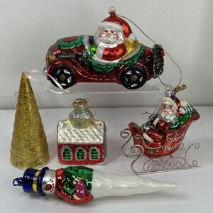 Blown Glass Christmas Ornament Lot Santa Driving Car Jumbo Sleigh Snowman Icicle